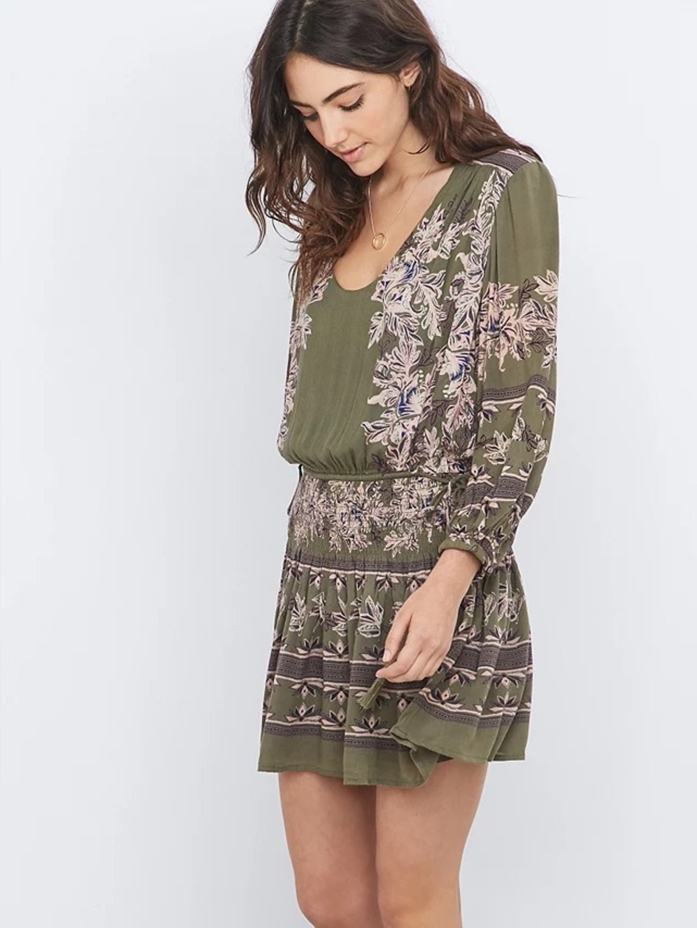 Free People Sz M Moonlight Floral Mini Dress Olive Smocked Waist Side Tassels